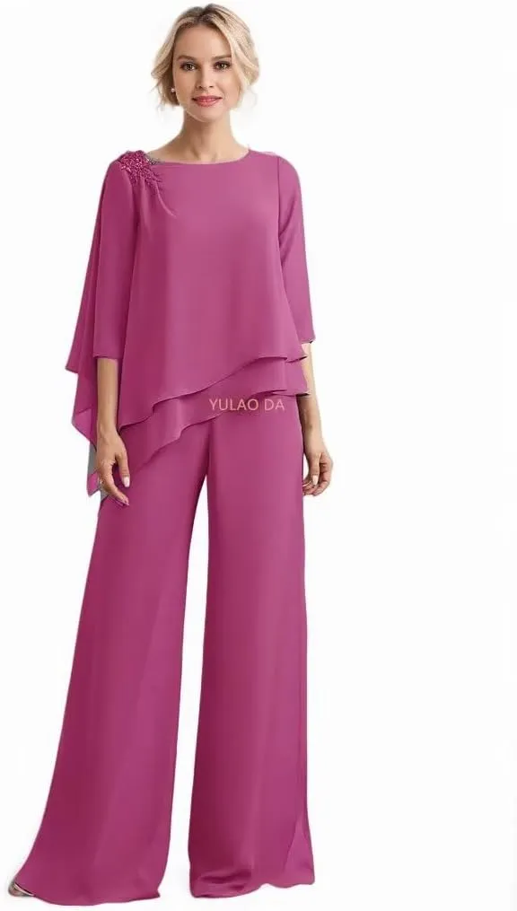 2 Pieces Mother of The Bride Pant Suits Appliques Ruffle Lace Appliqued Chiffon Wedding Outfits for Women