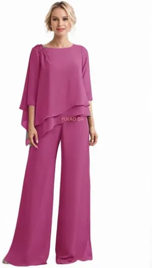 2 Pieces Mother of The Bride Pant Suits Appliques Ruffle Lace Appliqued Chiffon Wedding Outfits for Women