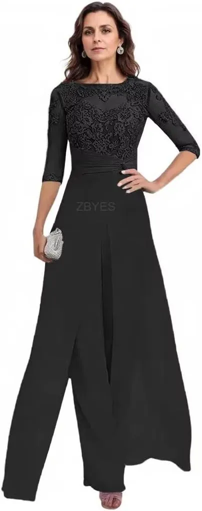 2 Pieces Pant Suits for Women Dressy 3/4 Sleeve Lace Applique Chiffon Mother of The Bride Pantsuits for Wedding Guest