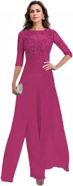 2 Pieces Pant Suits for Women Dressy 3/4 Sleeve Lace Applique Chiffon Mother of The Bride Pantsuits for Wedding Guest