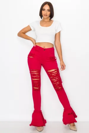 2051 Women's High Waisted Distressed Raw Hem Frayed Flare Jeans
