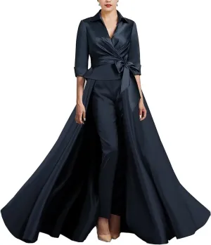 3 Pieces Jumpsuit Elegant Mother of The Bride Dress for Wedding Satin 3/4 Sleeve Wedding Guest Dresses with Bow
