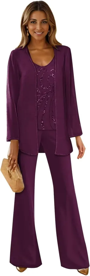 3 Pieces Mother of The Bride Pant Suits for Wedding Long Sleeve Chiffon Pantsuit Formal Wedding Guest Outfit
