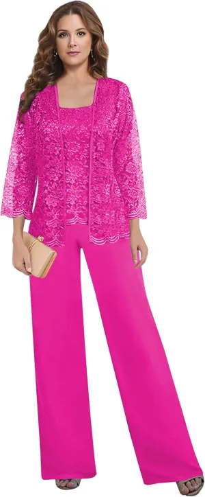3 Pieces Mother of The Bride Pant Suits for Women Dressy with Jacket Long Sleeve Lace Chiffon Formal Wedding Outfit