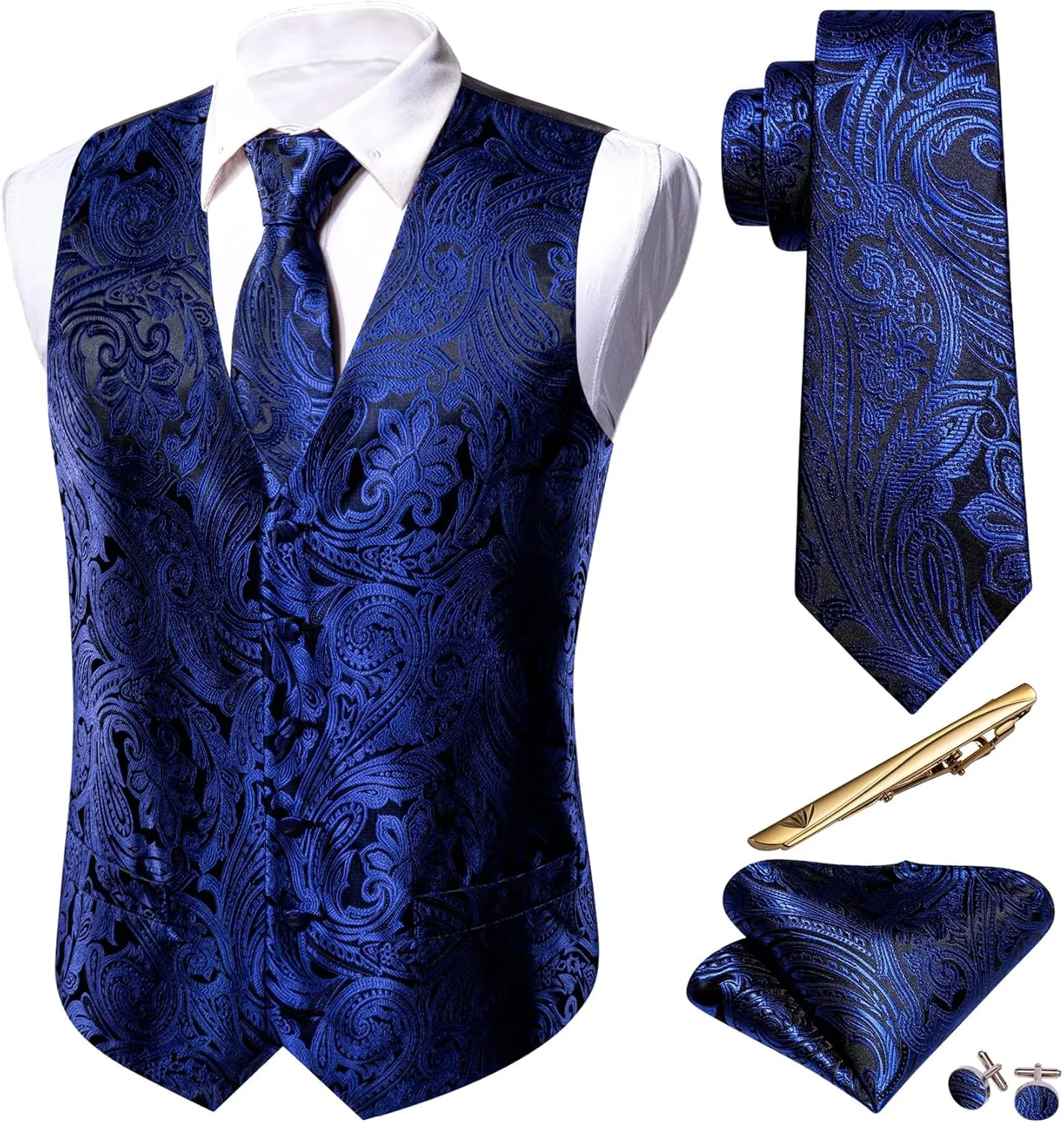 Barry.Wang Formal Men Flower Vest Paisley Jacquard Silk Ties Suit Waistcoat Set Wedding 5PCS