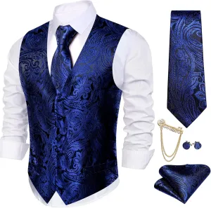 Barry.Wang Formal Men Flower Vest Paisley Jacquard Silk Ties Suit Waistcoat Set Wedding 5PCS