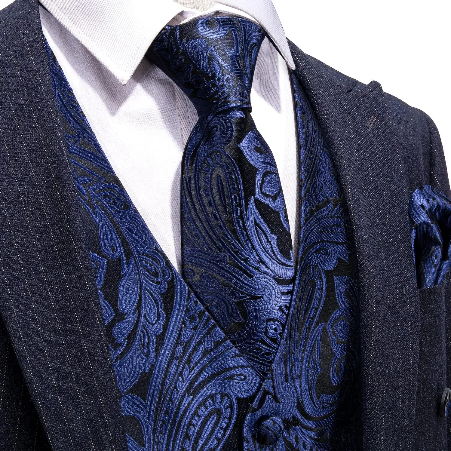 Barry.Wang Formal Men Flower Vest Paisley Jacquard Silk Ties Suit Waistcoat Set Wedding 5PCS