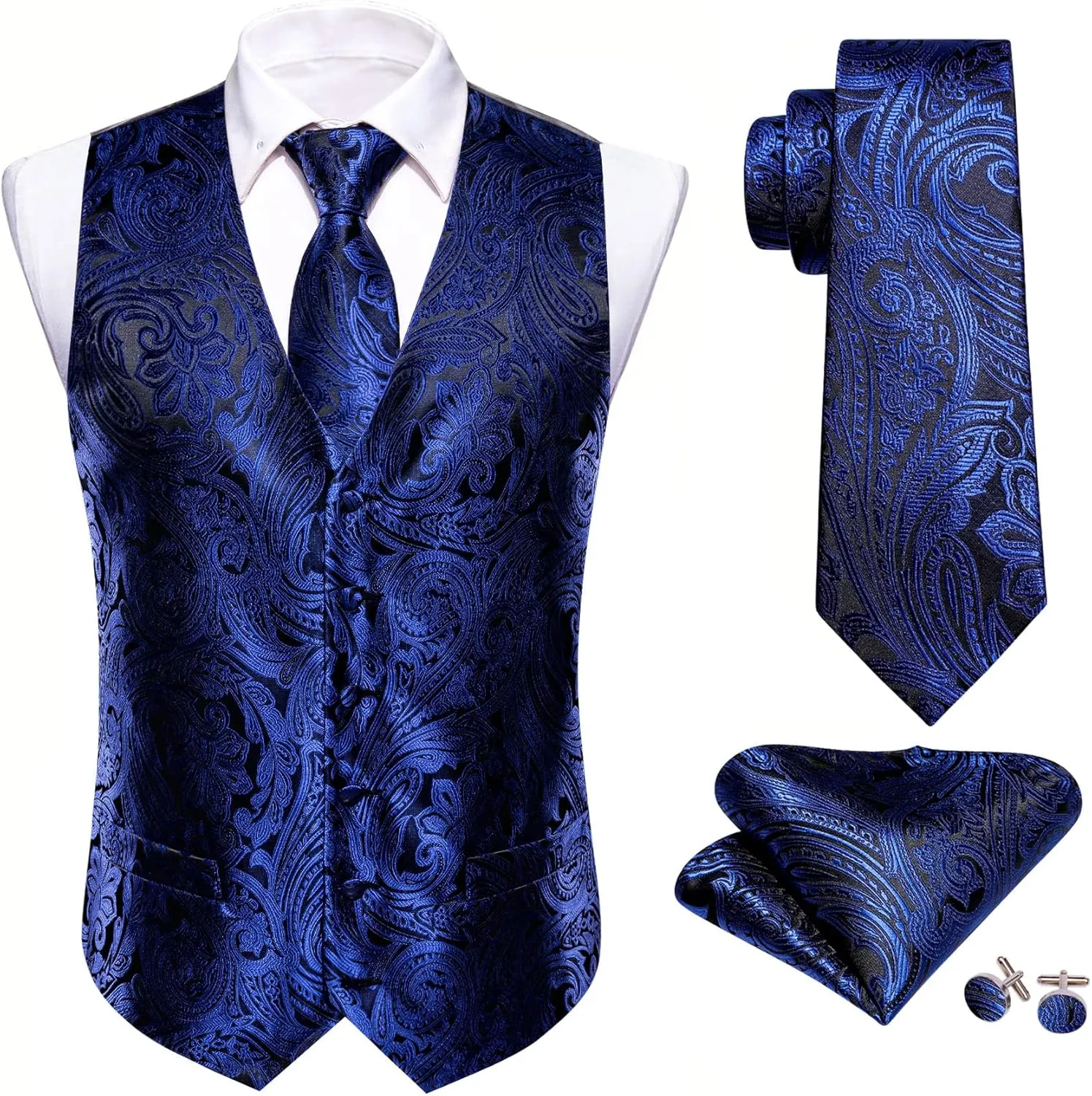 Barry.Wang Formal Men Flower Vest Paisley Jacquard Silk Ties Suit Waistcoat Set Wedding 5PCS