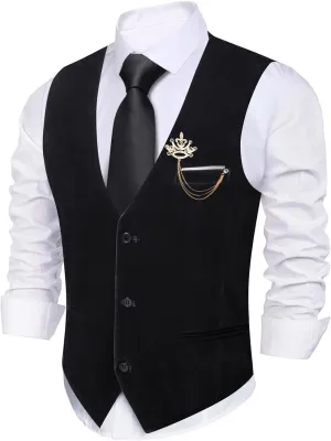 Barry.Wang Mens Velvet Vest V-neck 2 Pockets Gold Brooch Suit Waistcoat Set for Prom Wedding Party Dinner
