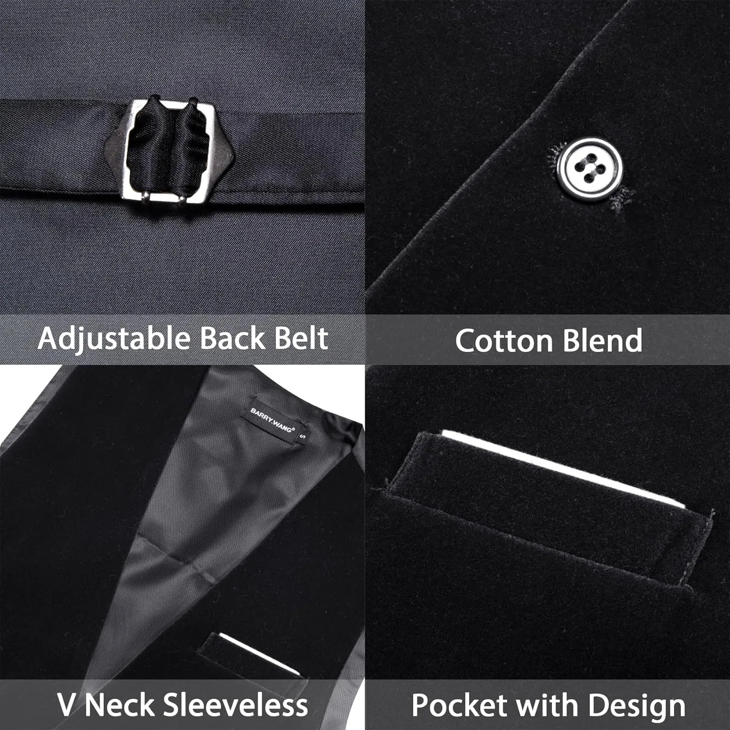 Barry.Wang Mens Velvet Vest V-neck 2 Pockets Gold Brooch Suit Waistcoat Set for Prom Wedding Party Dinner