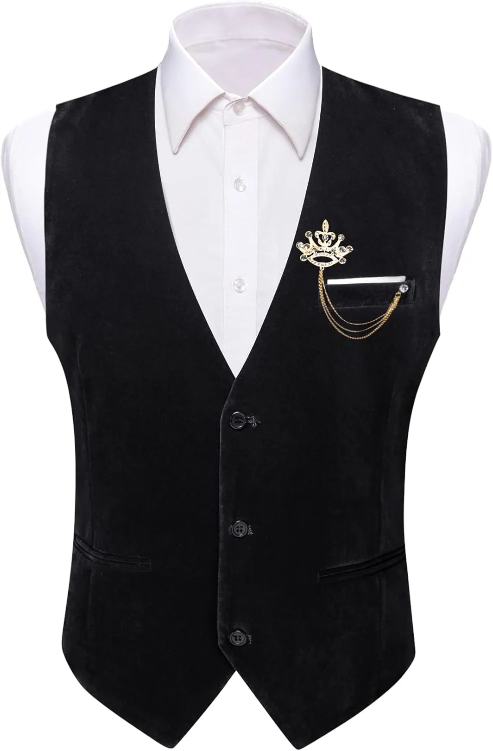 Barry.Wang Mens Velvet Vest V-neck 2 Pockets Gold Brooch Suit Waistcoat Set for Prom Wedding Party Dinner