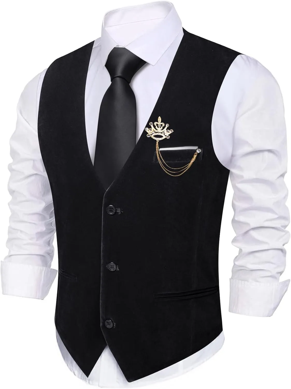 Barry.Wang Mens Velvet Vest V-neck 2 Pockets Gold Brooch Suit Waistcoat Set for Prom Wedding Party Dinner