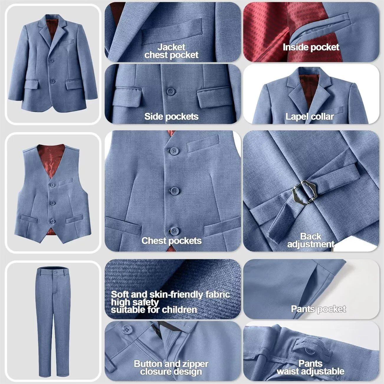 Boys Suits Set Slim Fit Kids Toddler Tux Suit for Teen Boy Wedding Outfit Communion Dress Clothes with Jacket Vest Pants Tie