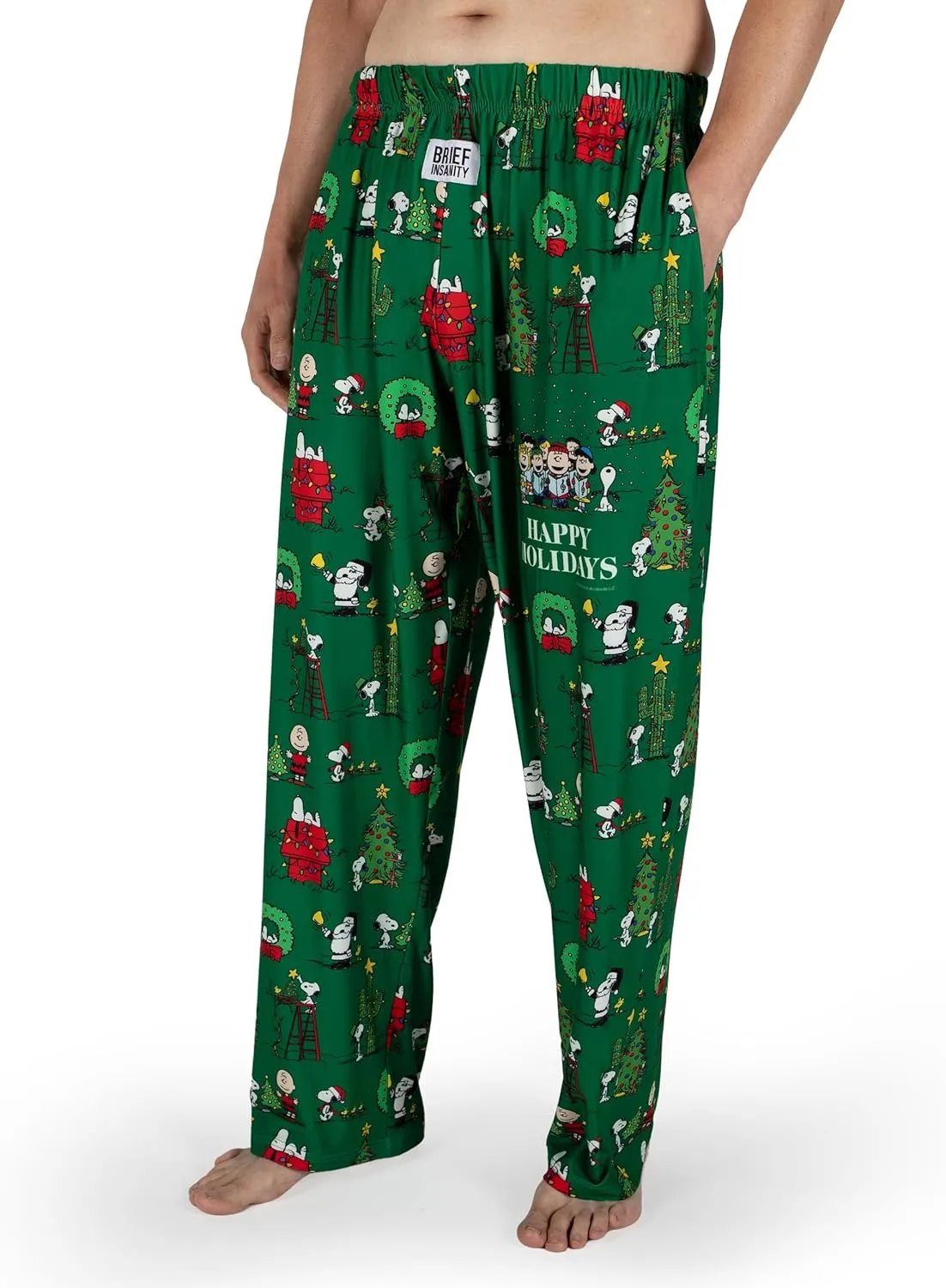 BRIEF INSANITY Snoopy Unisex Lounge Pajama Pants - Loose-Fit, Ultra-Soft, Holiday Wear - Snoopy Happy Holidays Sleep Bottoms
