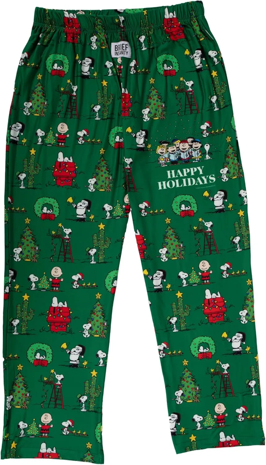 BRIEF INSANITY Snoopy Unisex Lounge Pajama Pants - Loose-Fit, Ultra-Soft, Holiday Wear - Snoopy Happy Holidays Sleep Bottoms