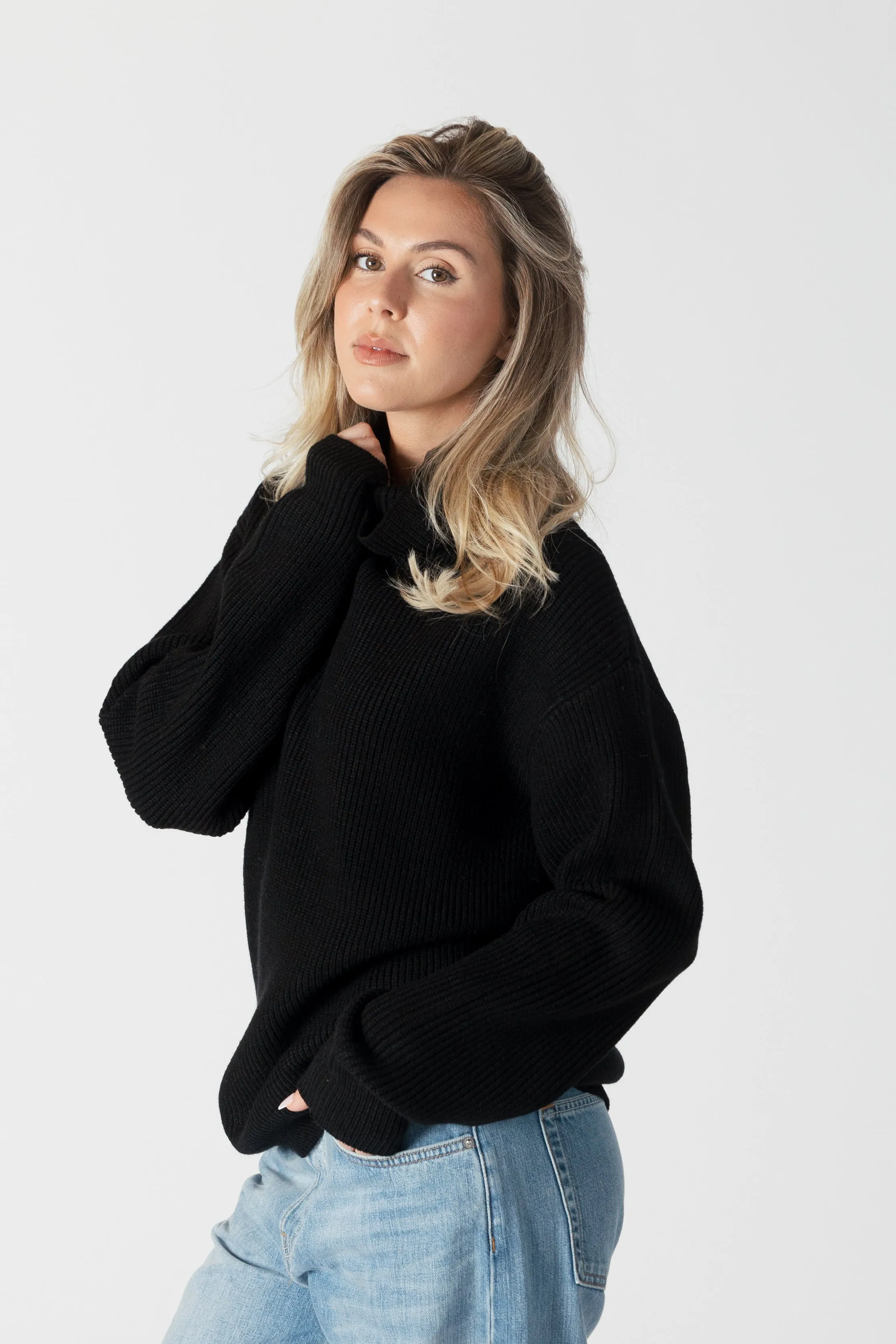 CHADWICK RIBBED MOCKNECK SWEATER - BLACK