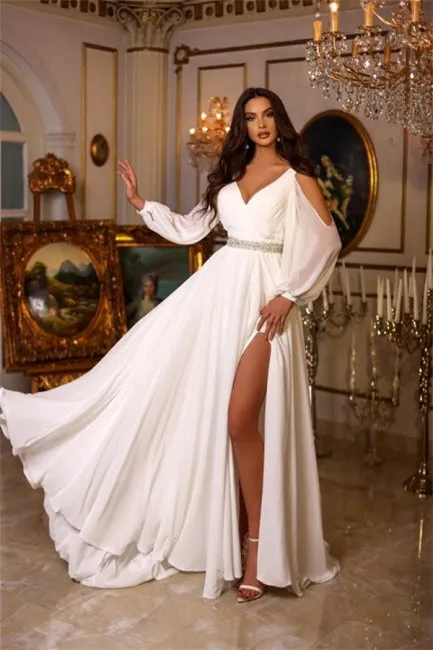 Chic Summer Chiffon A-line V-neck Wedding Dresses With Long Sleeves