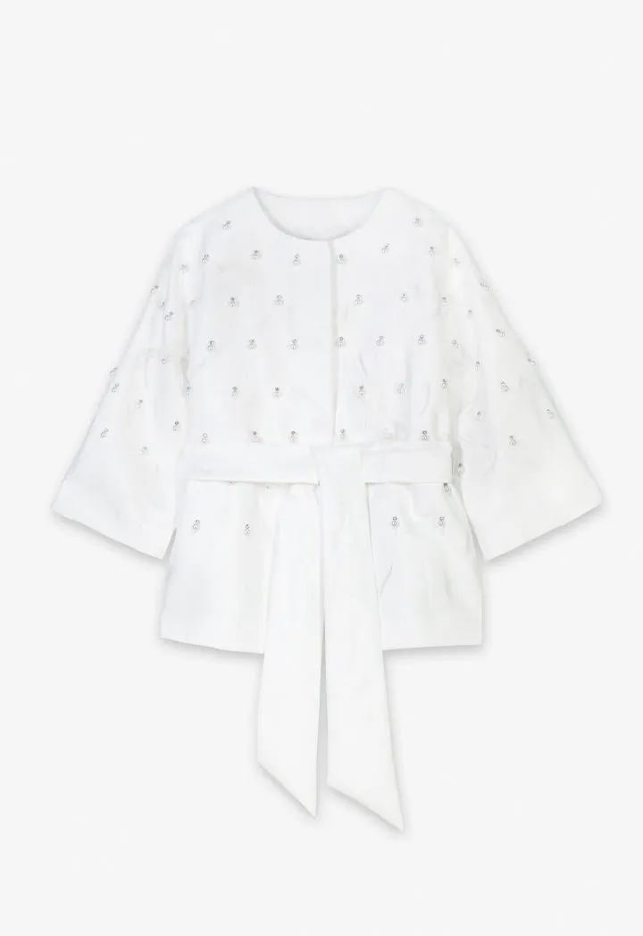 Choice Embellished Faux Pearl Feather Jacket Off White