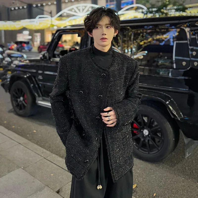 Collarless Men's Jackets Korean Style Triple Breasted Design Solid Color Loose Chic Button Casual Male Coats Fashion 9C9358