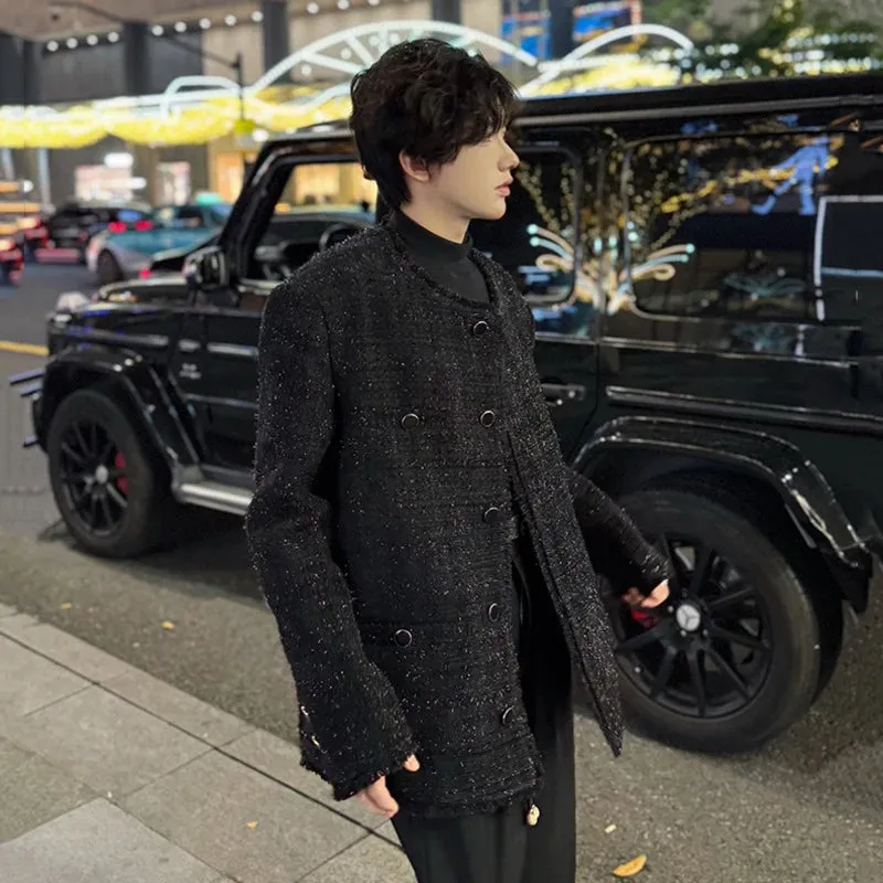 Collarless Men's Jackets Korean Style Triple Breasted Design Solid Color Loose Chic Button Casual Male Coats Fashion 9C9358