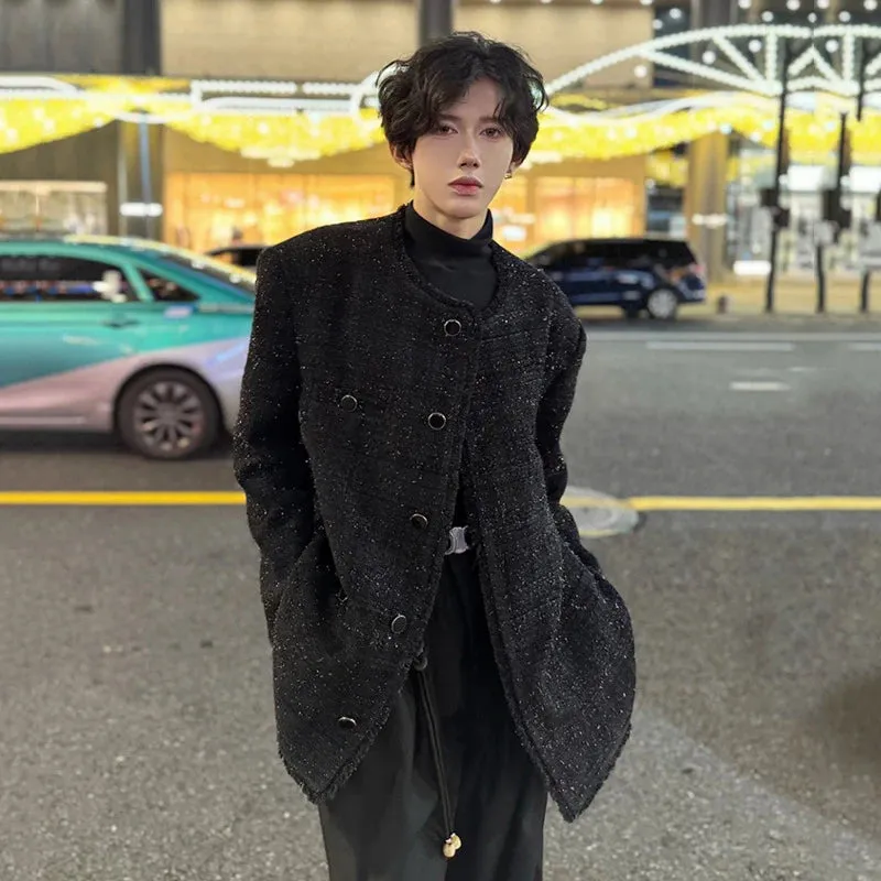 Collarless Men's Jackets Korean Style Triple Breasted Design Solid Color Loose Chic Button Casual Male Coats Fashion 9C9358
