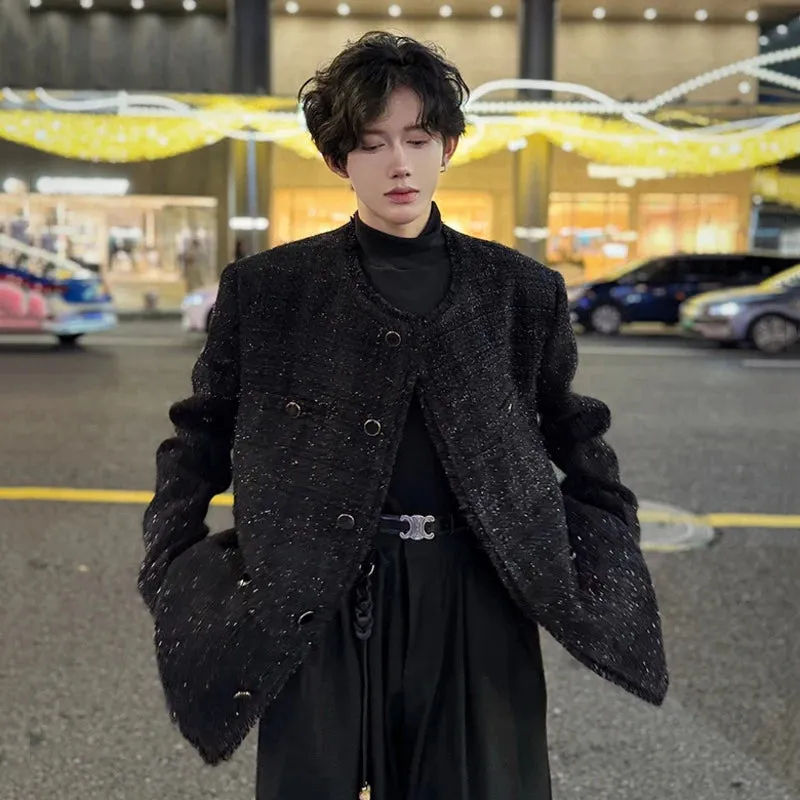 Collarless Men's Jackets Korean Style Triple Breasted Design Solid Color Loose Chic Button Casual Male Coats Fashion 9C9358