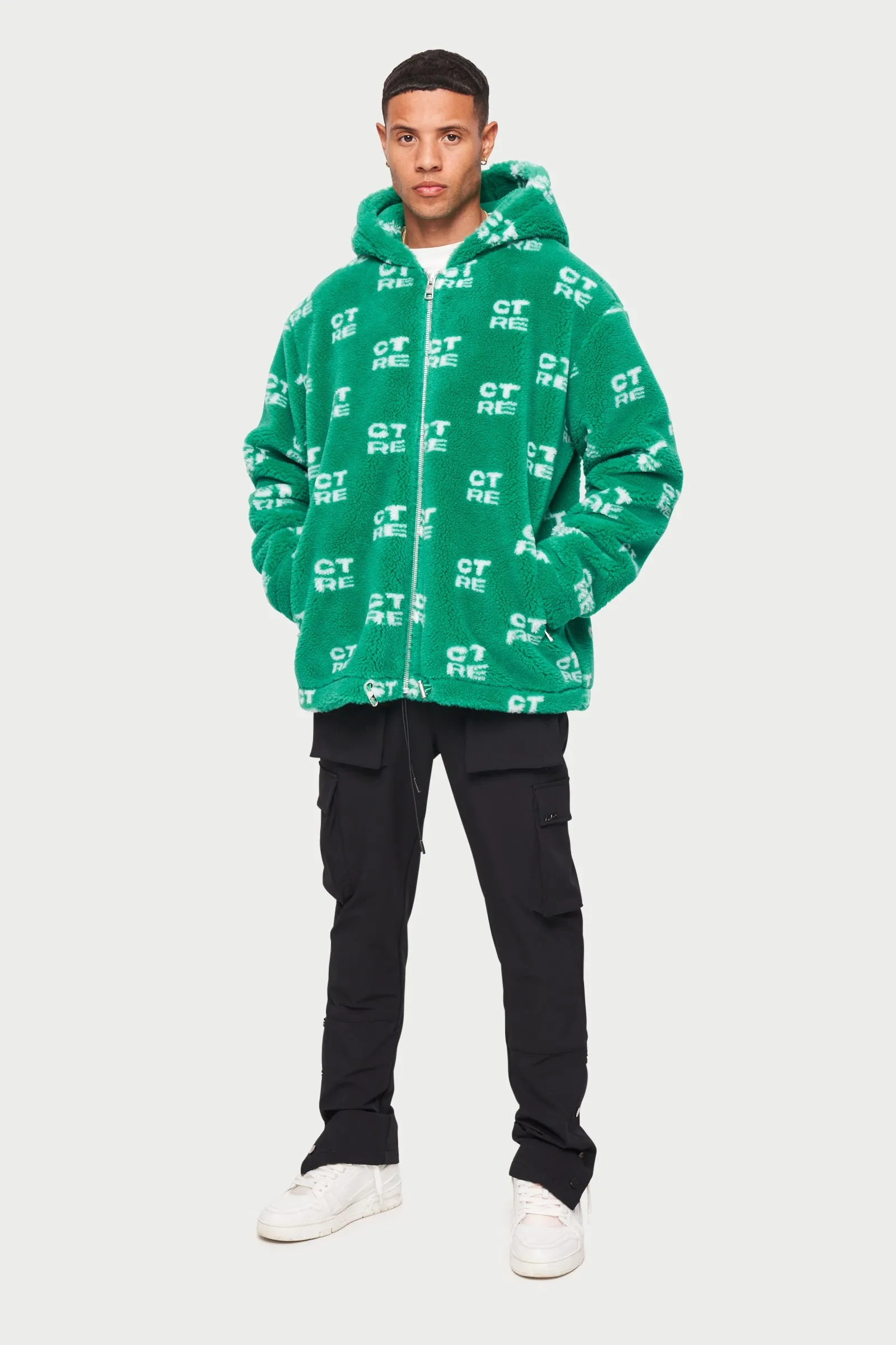CTRE FUR LOGO OVERSIZED HOODED JACKET - GREEN