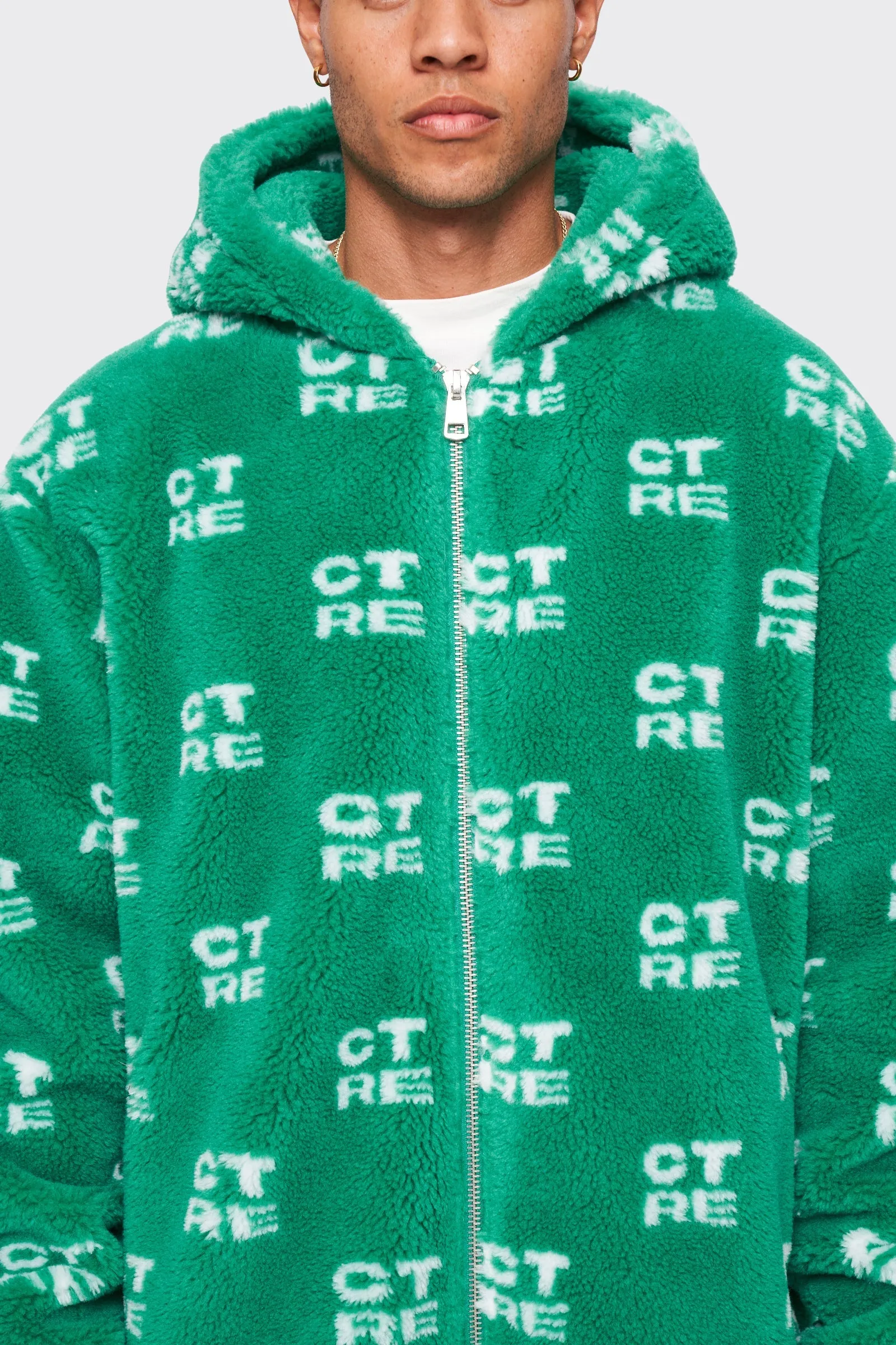 CTRE FUR LOGO OVERSIZED HOODED JACKET - GREEN