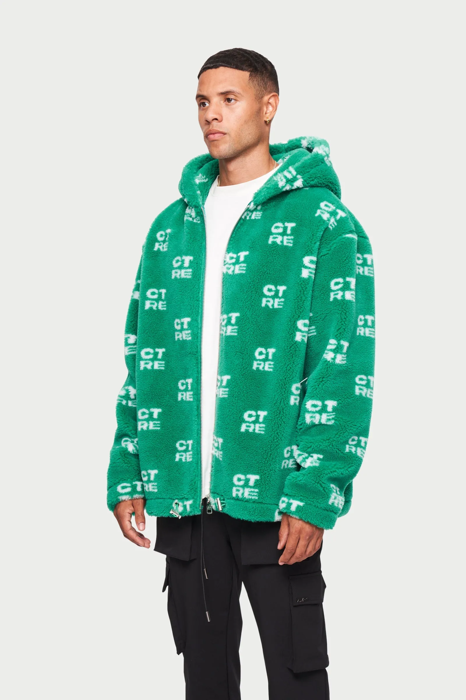 CTRE FUR LOGO OVERSIZED HOODED JACKET - GREEN