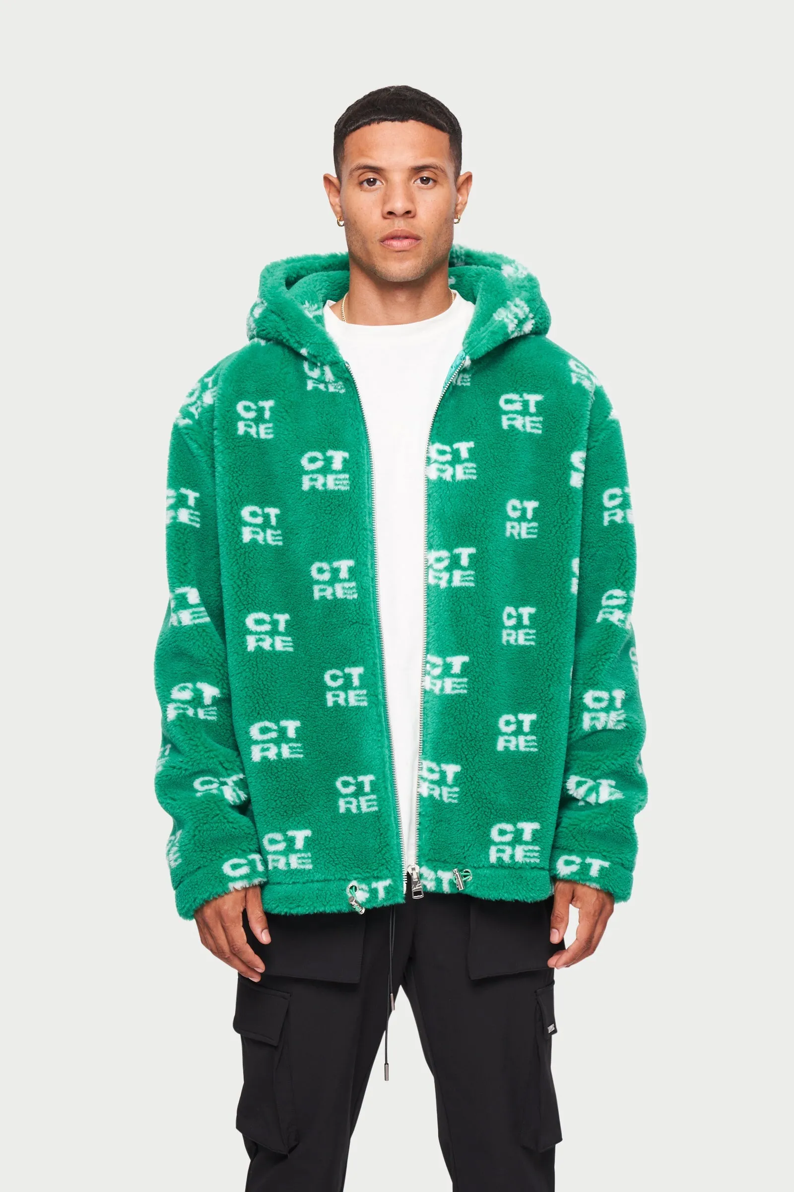 CTRE FUR LOGO OVERSIZED HOODED JACKET - GREEN