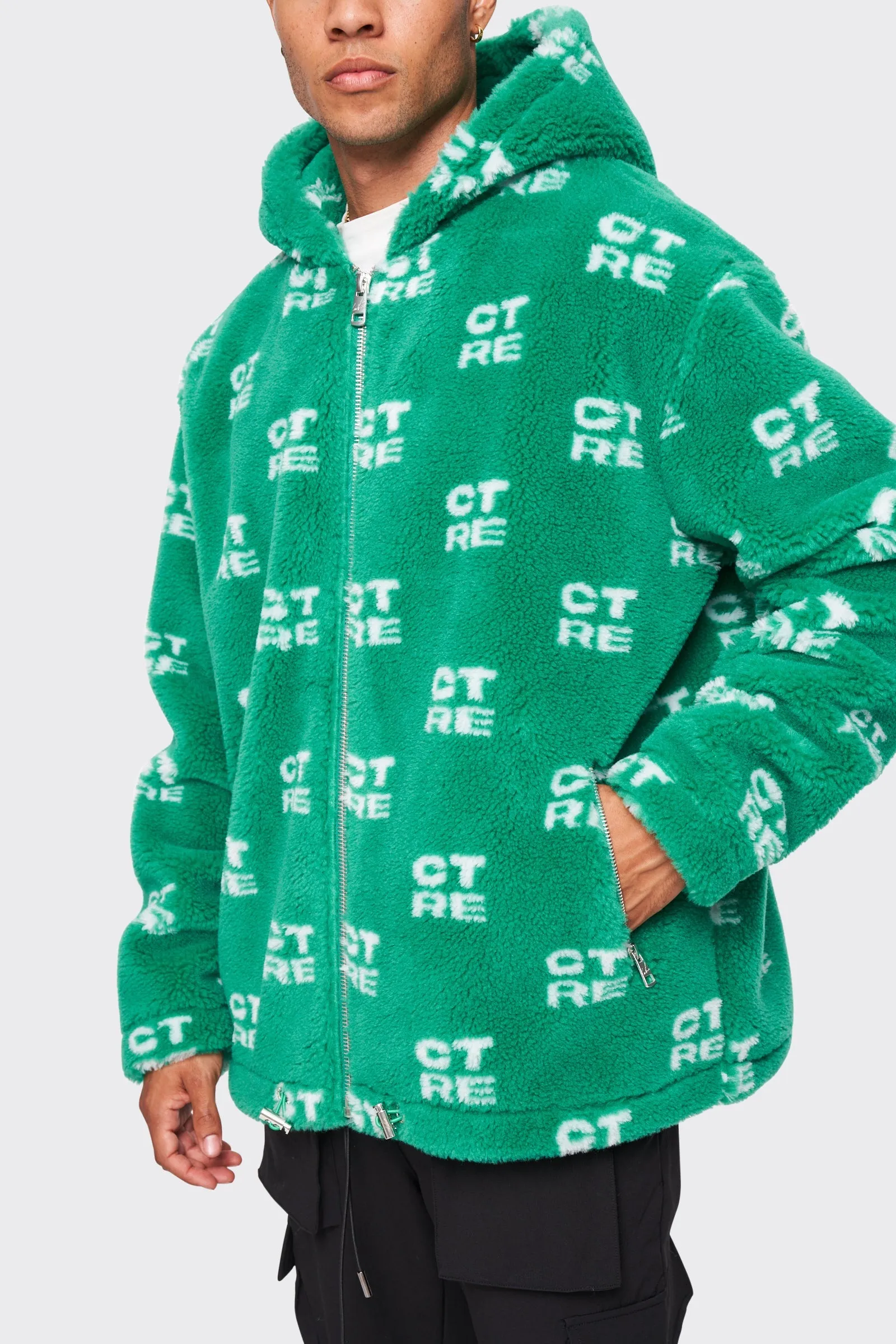 CTRE FUR LOGO OVERSIZED HOODED JACKET - GREEN