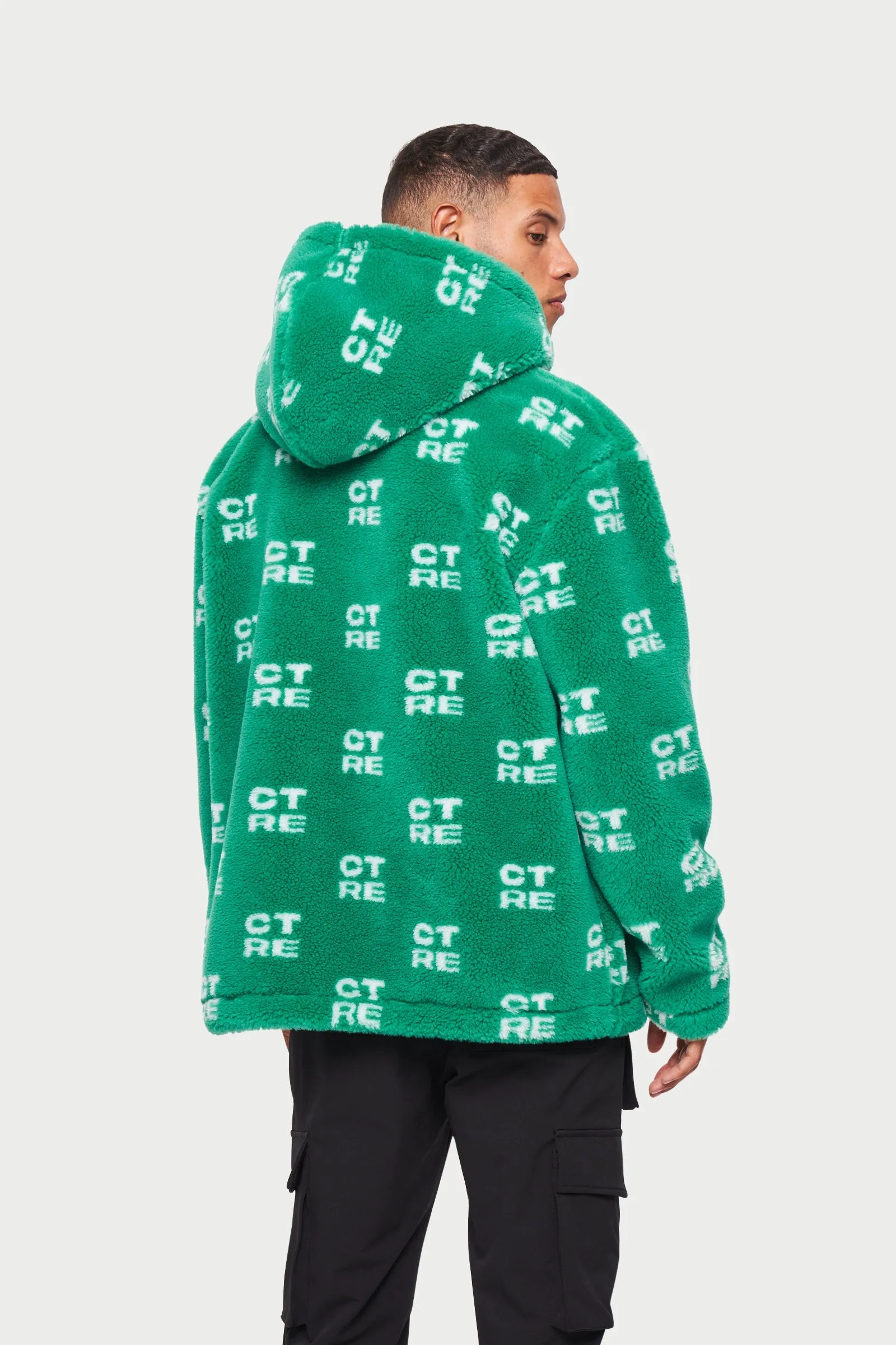 CTRE FUR LOGO OVERSIZED HOODED JACKET - GREEN