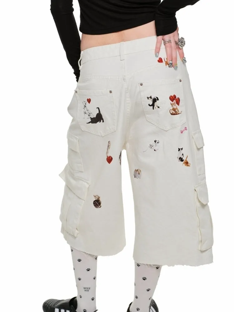 Distressed Paint-Splatter Cargo Denim Jorts