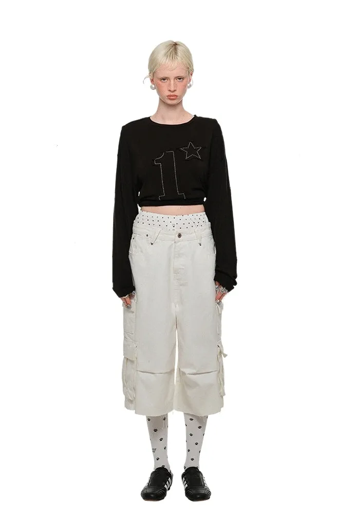 Distressed Paint-Splatter Cargo Denim Jorts
