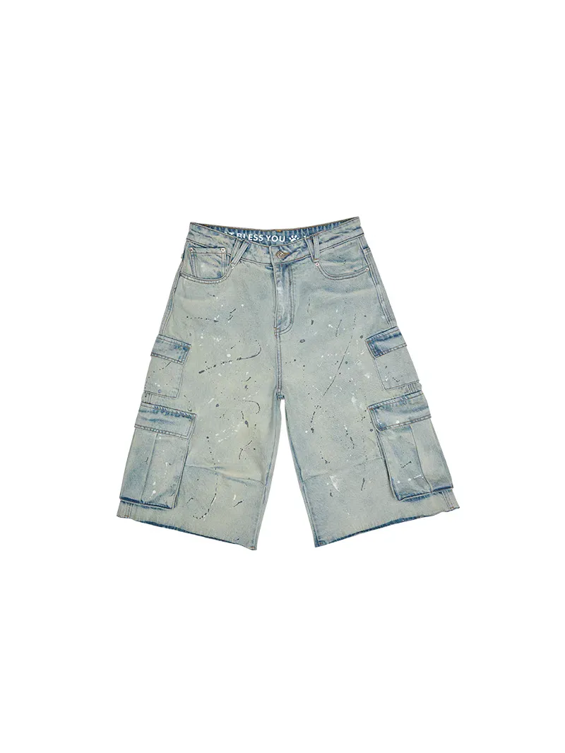 Distressed Paint-Splatter Cargo Denim Jorts