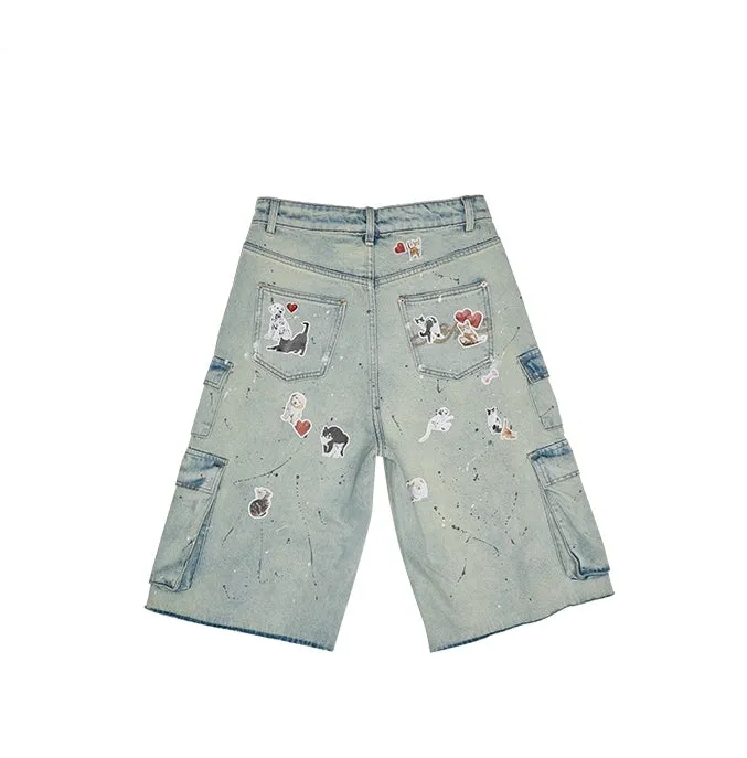 Distressed Paint-Splatter Cargo Denim Jorts