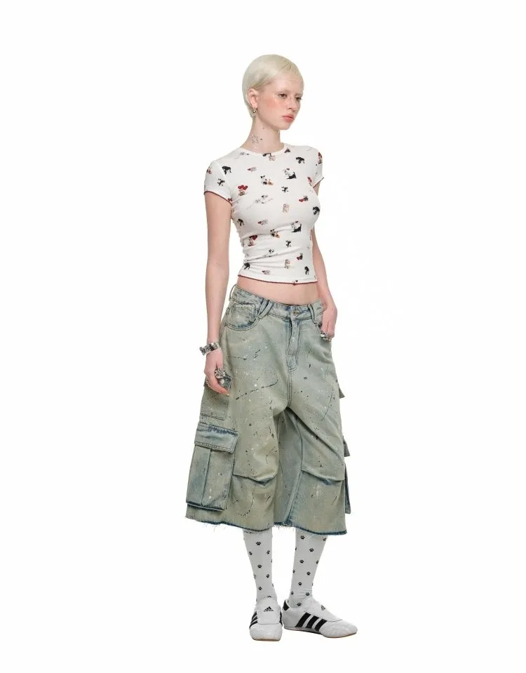 Distressed Paint-Splatter Cargo Denim Jorts