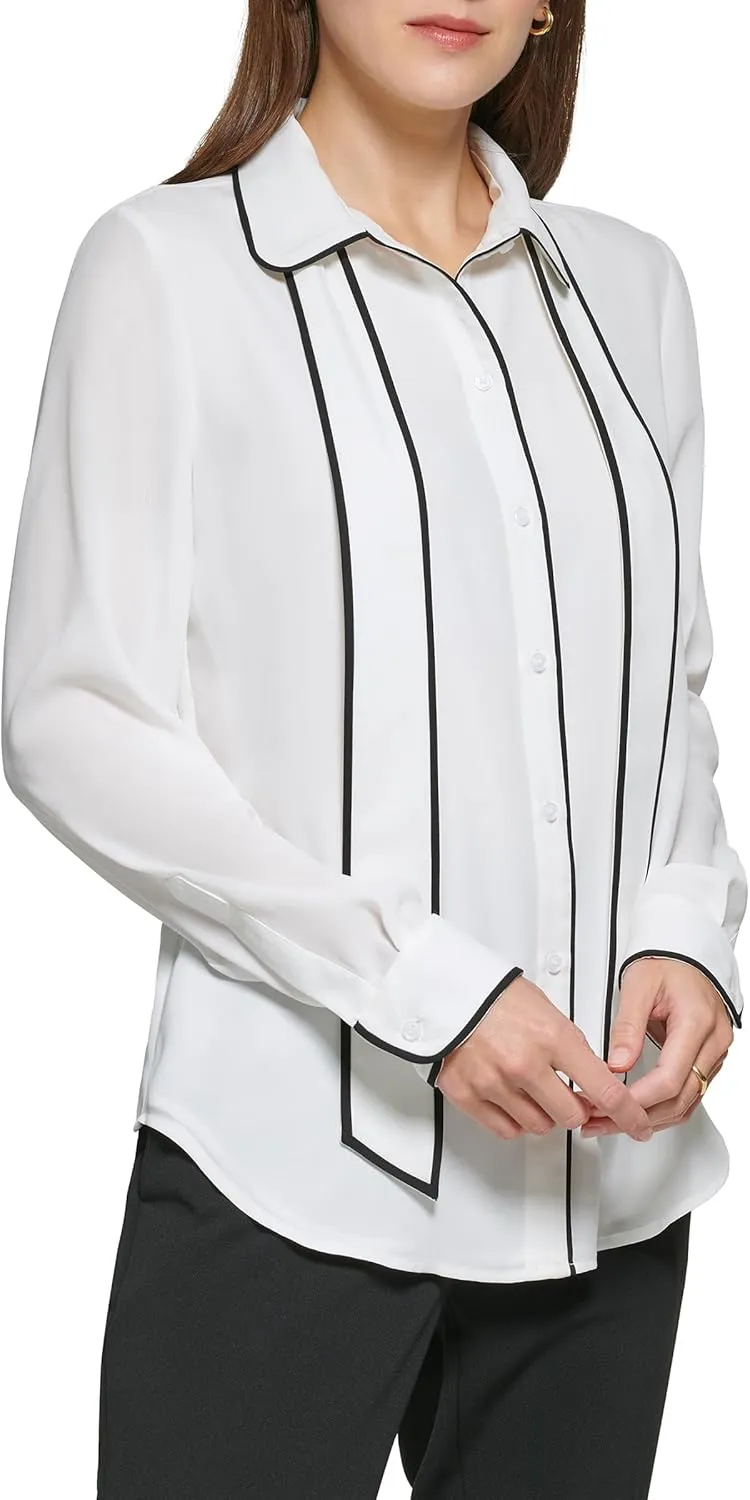 DKNY Women's Long Sleeve Button Front Collared Blouse