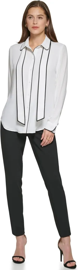 DKNY Women's Long Sleeve Button Front Collared Blouse