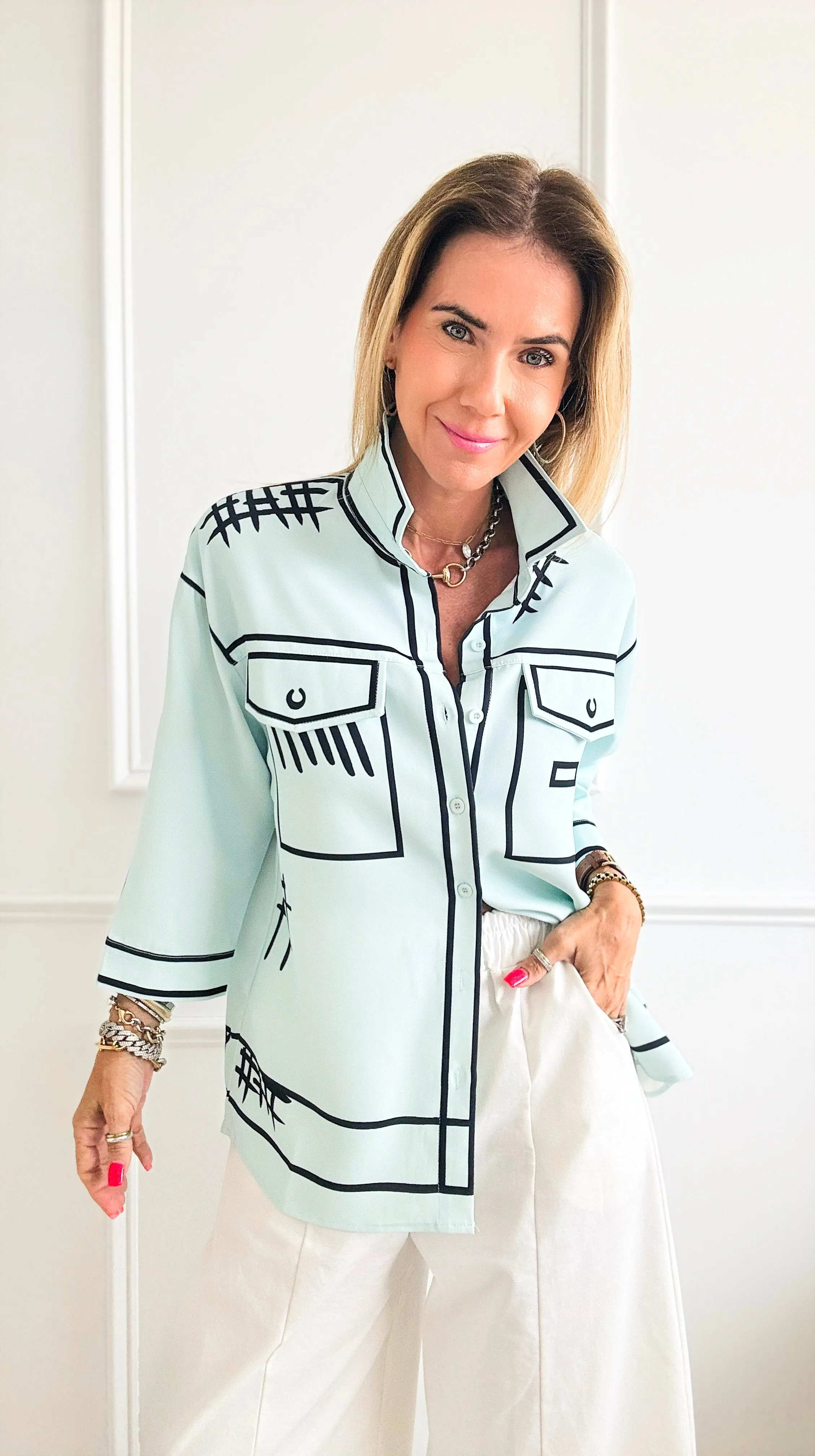Double Pocket 3/4 Sleeve Graffiti Shirt - Mint