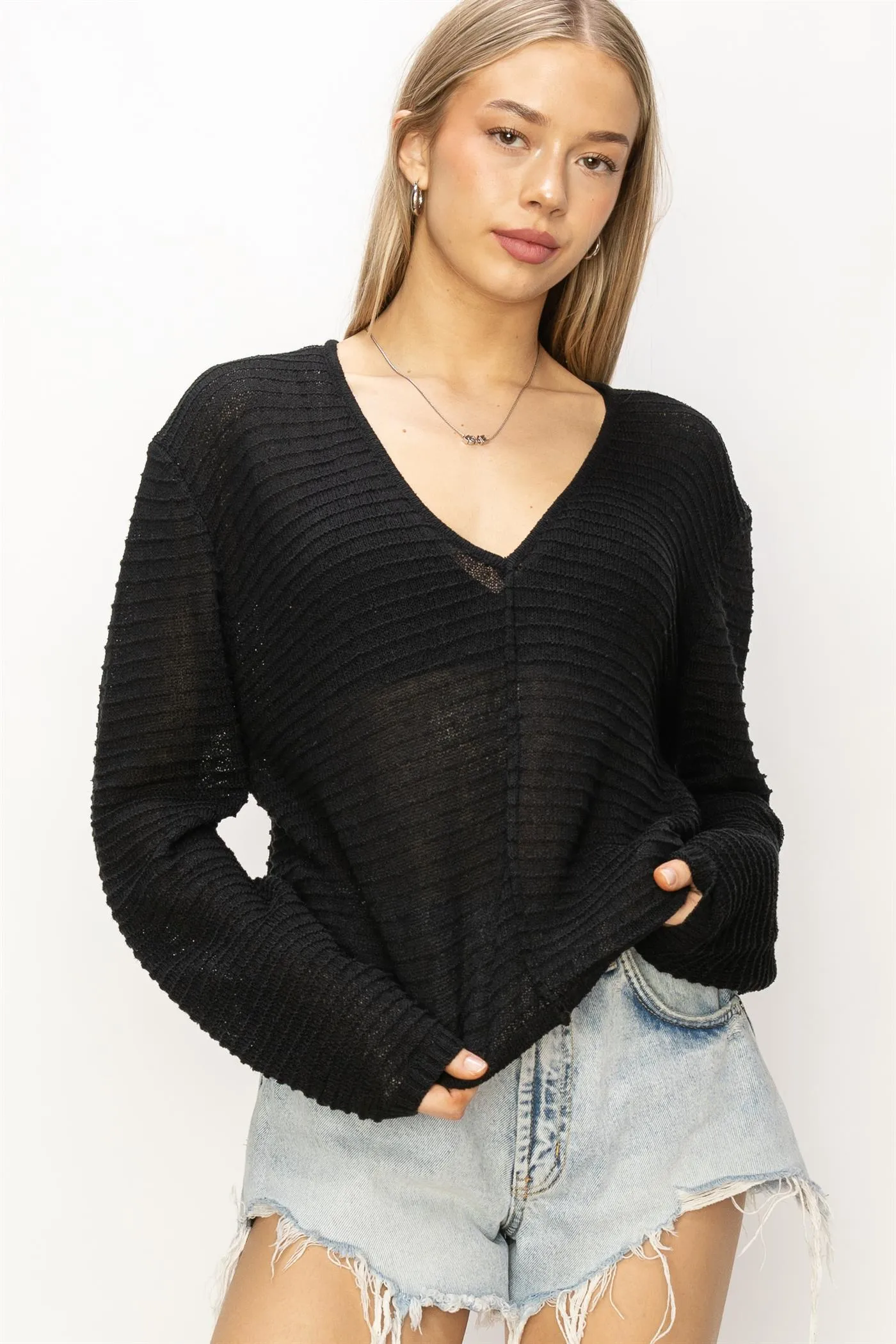 DZ24A559-V Neck Dropped Shoulder Sweater