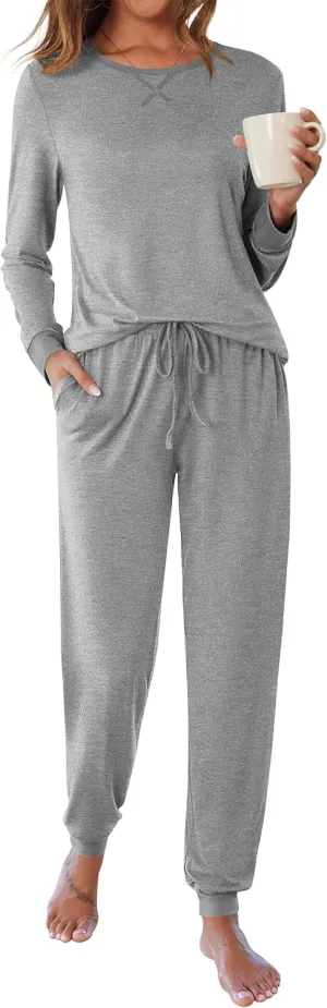 Ekouaer Women's Pajamas Sets Long Sleeve Pjs Soft Sleepwear O Neck 2 Piece Joggers Loung Set with Pockets Light Grey Large
