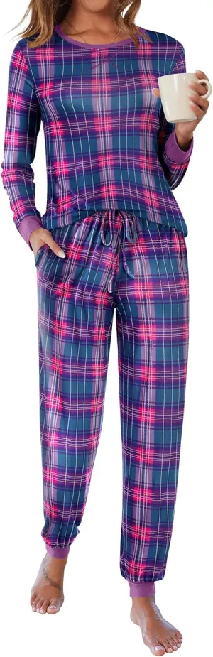 Ekouaer Women's Pajamas Sets Long Sleeve Pjs Soft Sleepwear O Neck 2 Piece Joggers Loung Set with Pockets Purple Plaid Large
