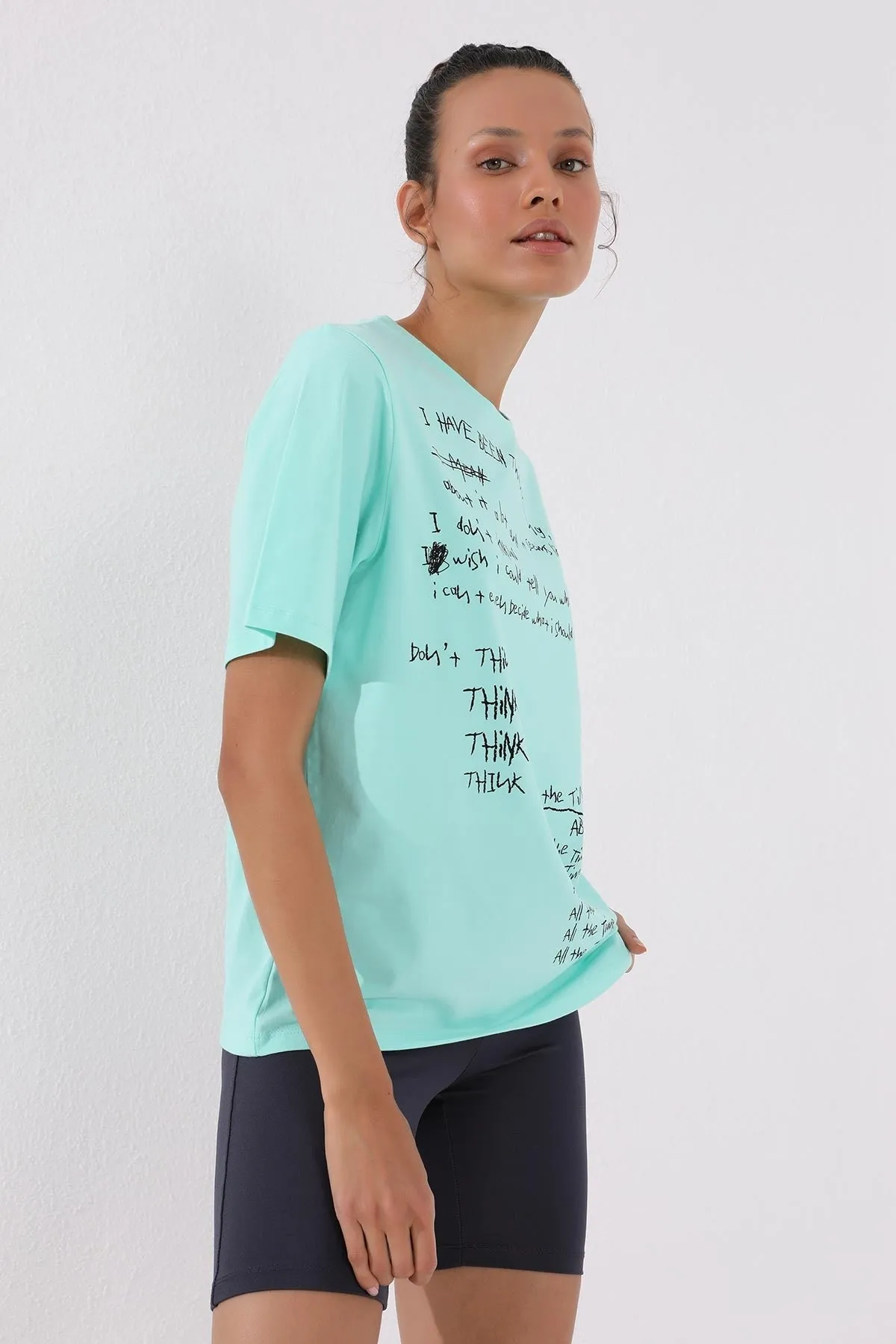 el yazisi baskili o yaka kadin oversize t-shirt - 97137