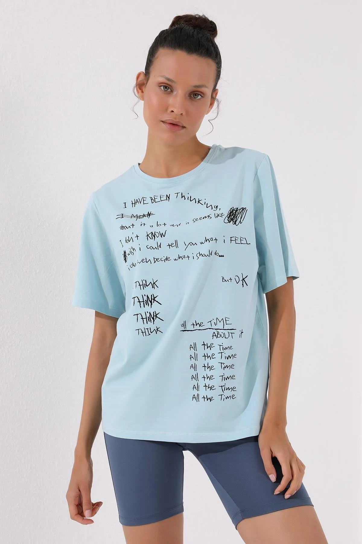 el yazisi baskili o yaka kadin oversize t-shirt - 97137