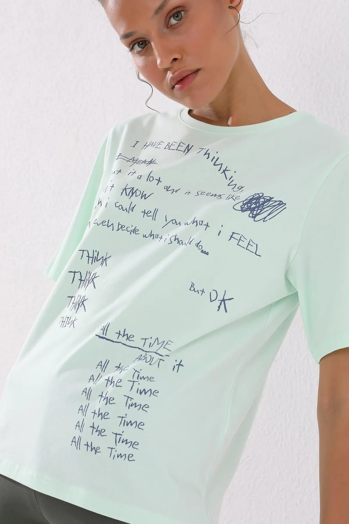 el yazisi baskili o yaka kadin oversize t-shirt - 97137