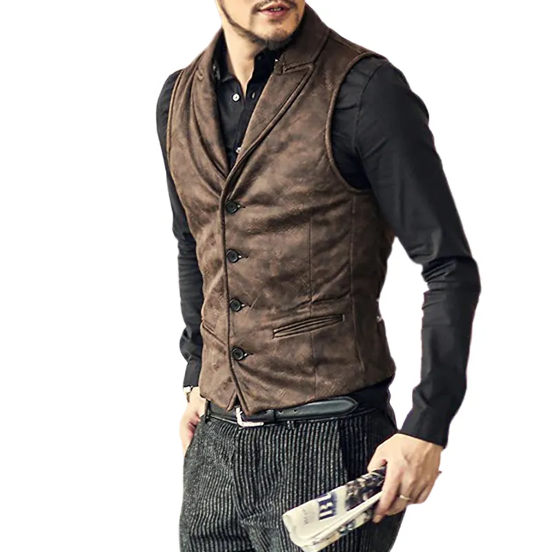 Fashion Suede Single Breasted Vest / Men's Steampunk Slim Waistcoat With Buckle Back