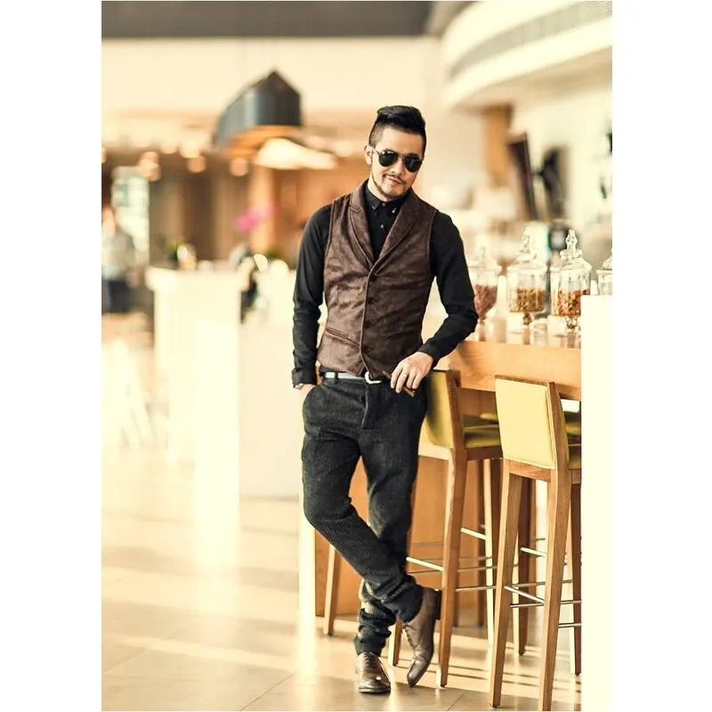 Fashion Suede Single Breasted Vest / Men's Steampunk Slim Waistcoat With Buckle Back
