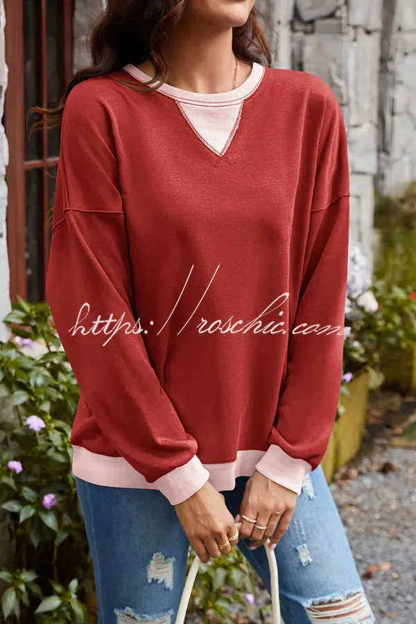 Fashionable Contrasting Color Loose Long-sleeved Casual Sweatshirt