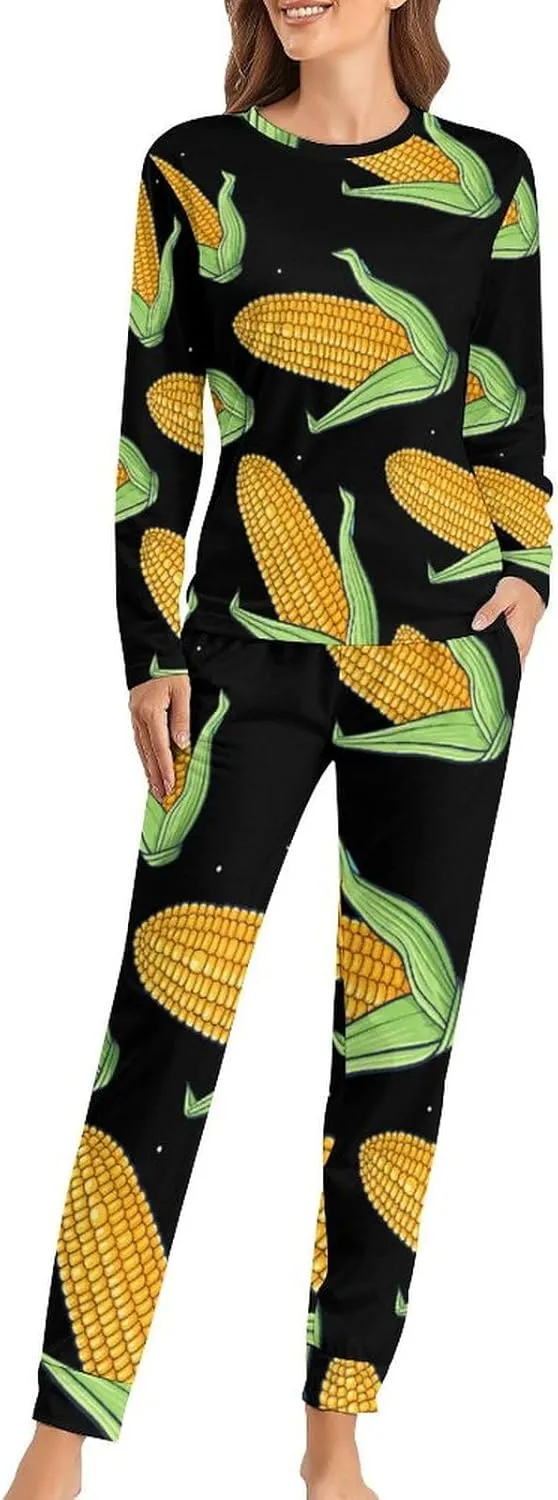 Food Corn Women's Pajama Set Long Sleeve Pj Sets Casual Two Piece Loungewear Soft Sleepwear